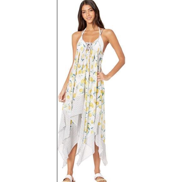 Jessica Simpson Women's Lemon AOP‎ Sheer Cover Up Dress  M Spaghetti Strap White - Picture 1 of 5
